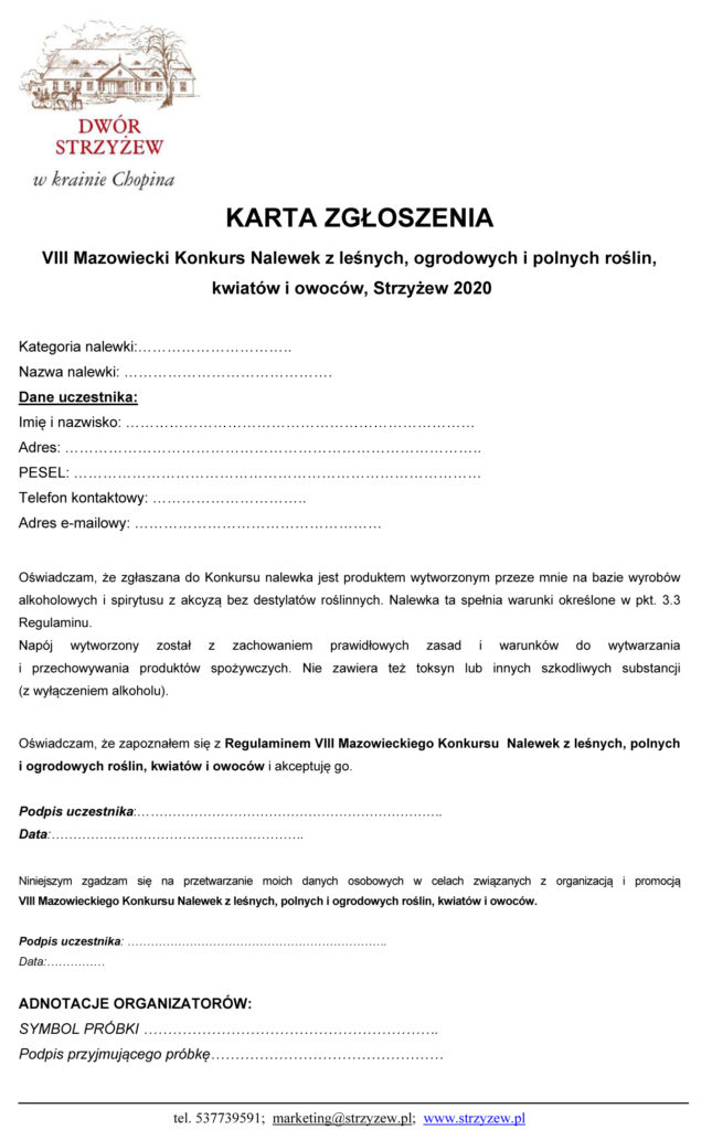 VIII Mazowiecki Konkurs Nalewek, karta zgłoszenia